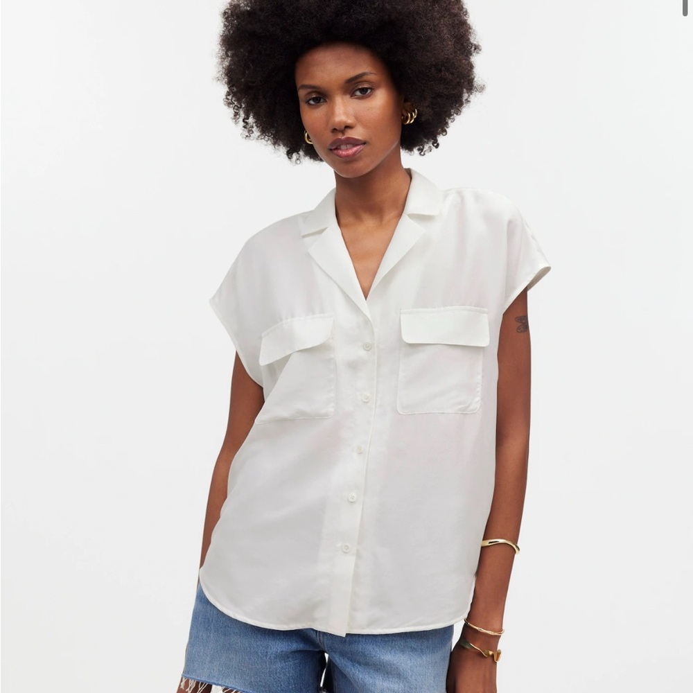 Madewell 100% Silk Drapey Patch-Pocket Sleeveless Shirt in Lighthouse Medium NWT